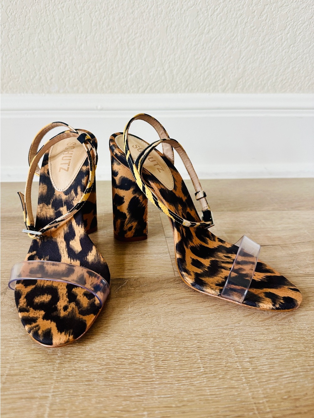 SCHUTZ Leopard Print Queen Block Heel Sandals with Clear Strap